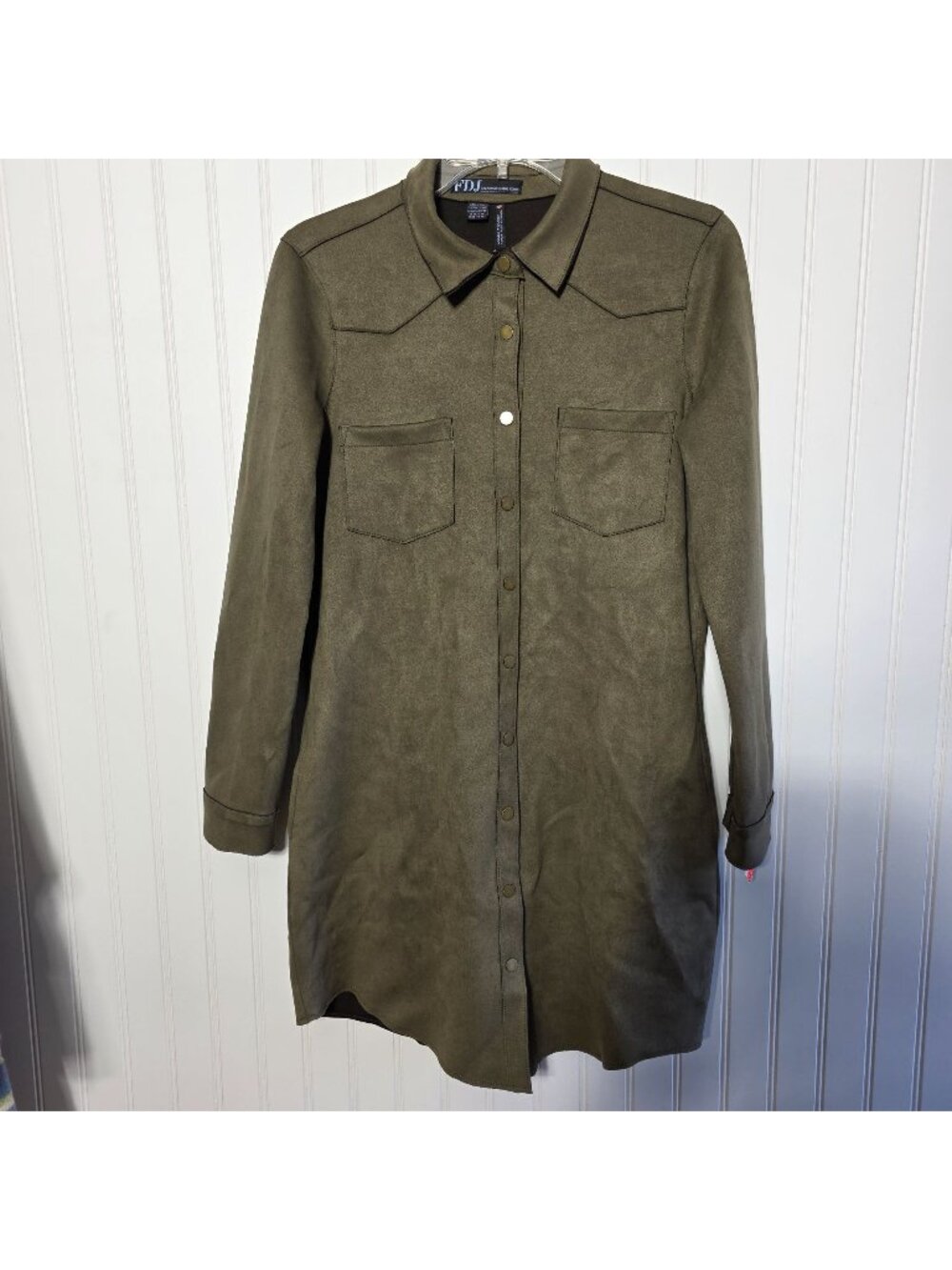 FDJ Faux Suede Shirt Dress XS Olive Patch Pockets Western Boho Minimalist Office